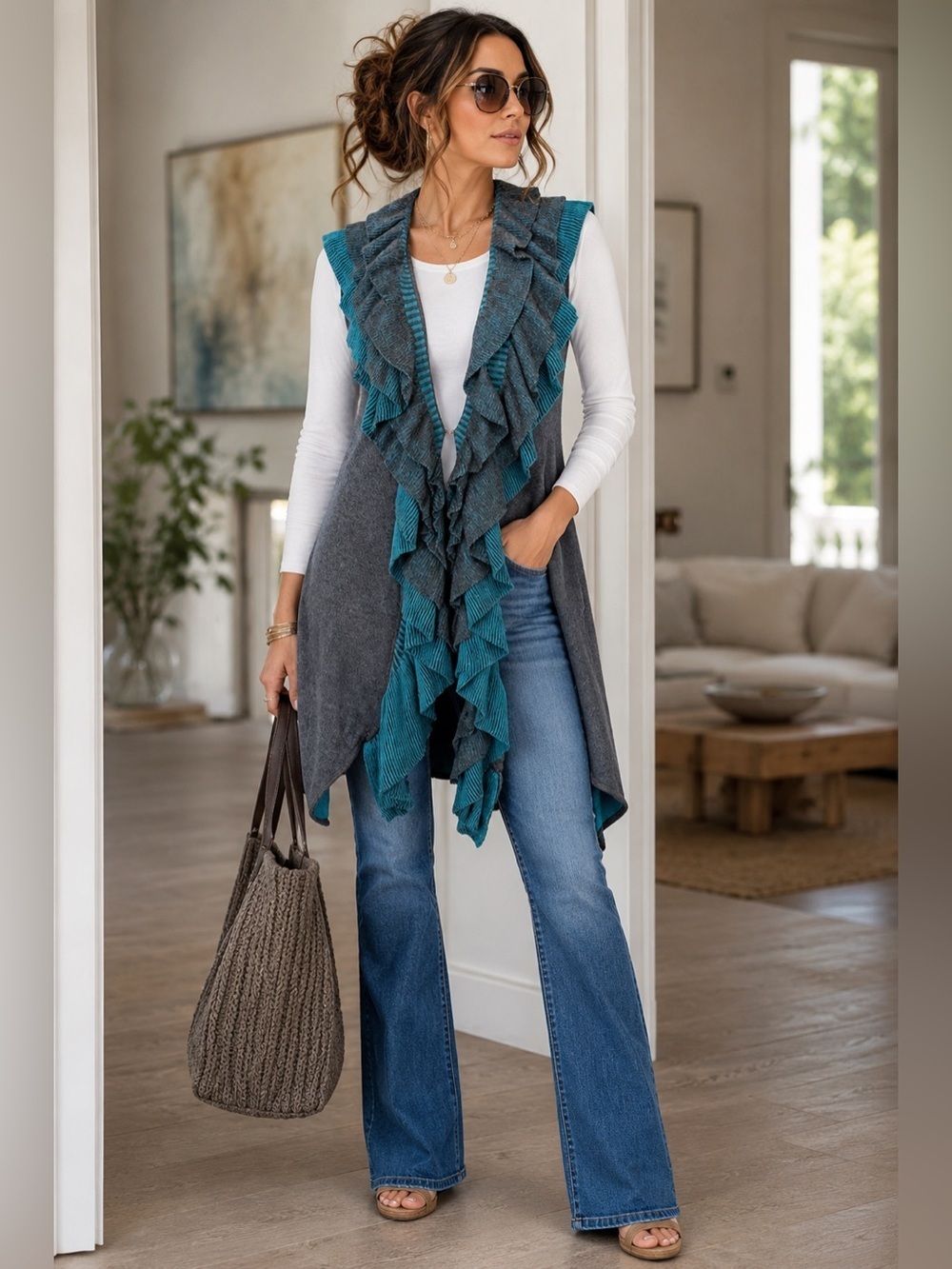 Nic + Zoe Gray Turquoise Ruffle Sleeveless Duster Cardigan Sweater Vest Large